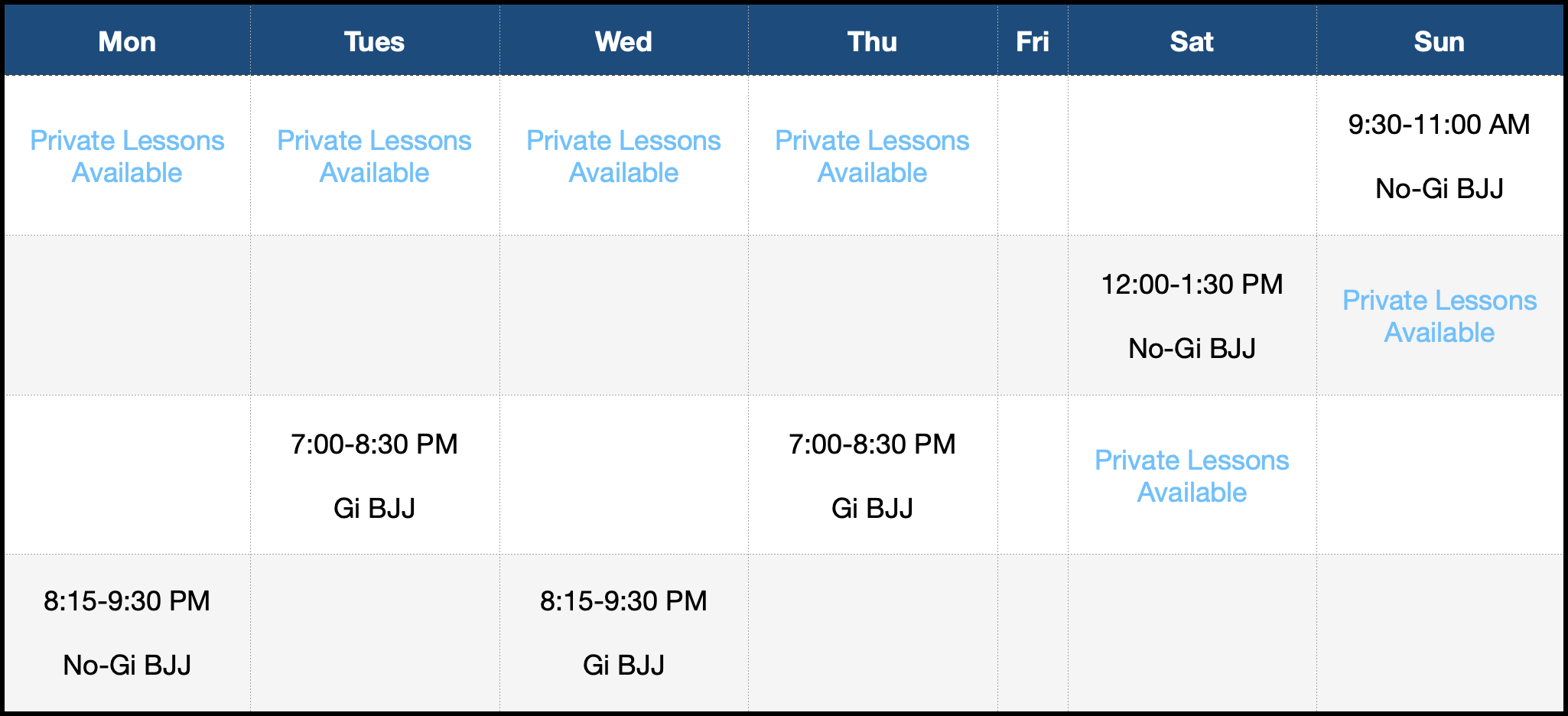 Markham BJJ Schedule