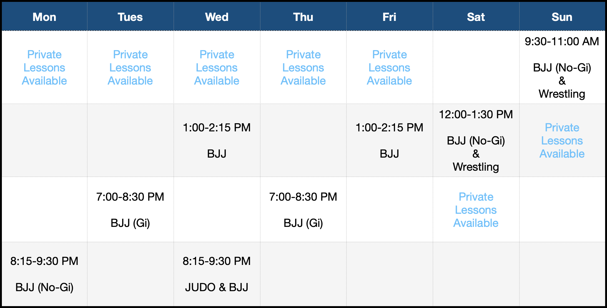 Markham BJJ Schedule