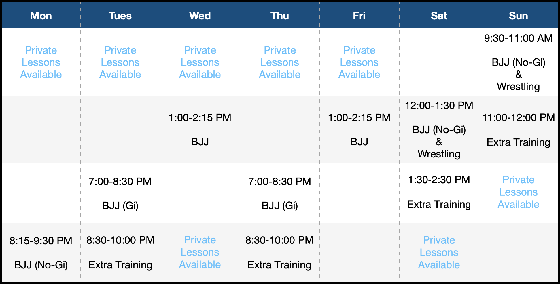 Markham BJJ Schedule